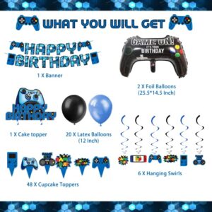 Blue Video Game Party Supplies - 212Pcs Gamer Gaming Party Decoration For Boys Birthday Party - Table Cover, Plates, Cups, Napkins, Utensils, Hanging Swirls, Birthday Banner, Cupcake, Topper Cake Topper & Balloons Serves 16 Guests