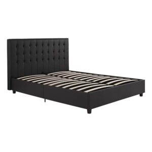 dhp emily upholstered platform bed with modern vertical tufted headboard, no box spring needed, queen, black faux leather
