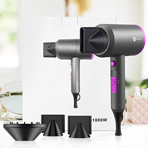 Professional Ionic Salon Hair Dryer, Slopehill Powerful 1800W Fast Dry Low Noise Blow Dryer with 2 Concentrator Nozzle 1 Diffuser Attachments for Home Salon Travel