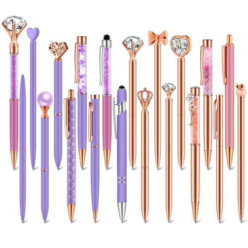 Yingzhao 20 Pcs Ballpoint Pens Set Metal Crystal Diamond Pen Liquid Sand Glitter Pen Pretty Cute Pens for Journaling Black Ink Retractable Fancy Pens Gifts for Women School Wedding (Purple, Rose Gold)