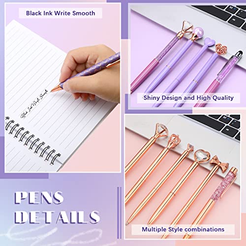 Yingzhao 20 Pcs Ballpoint Pens Set Metal Crystal Diamond Pen Liquid Sand Glitter Pen Pretty Cute Pens for Journaling Black Ink Retractable Fancy Pens Gifts for Women School Wedding (Purple, Rose Gold)