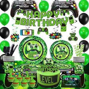 green video game party supplies - 201pcs gamer gaming party decoration for boys birthday party - table cover, plates, cups, napkins, utensils, hanging swirls, birthday banner, cupcake, topper cake topper & balloons serves 16 guests