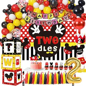 greparpy mickey 2nd birthday party supplies - mickey theme oh twodles birthday decorations boy include backdrop, balloon garland arch, balloon box, welcome hanger, banner, crown, topper, tablecloth