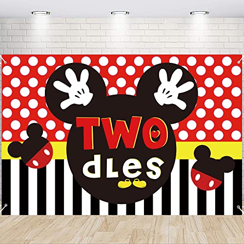 GREPARPY Mickey 2nd Birthday Party Supplies - Mickey Theme Oh Twodles Birthday Decorations Boy Include Backdrop, Balloon Garland Arch, Balloon Box, Welcome Hanger, Banner, Crown, Topper, Tablecloth