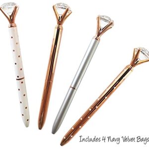 Rose Gold Diamond Pens | 4 Crystal Pens and 4 Navy Blue Velvet Gift Bags | Bling Pens Make Great Gifts for Women, Coworkers and Teachers | Beautiful Rose Gold Office Supplies