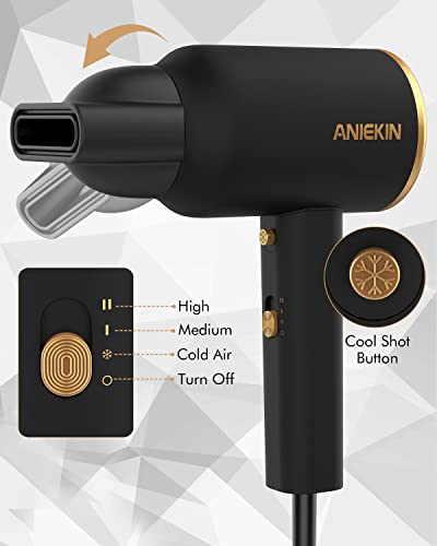 ANIEKIN Hair Blow Dryer 1875W with Diffuser, Travel Ionic Hair Dryer, Constant Temperature Hair Care Without Damaging Hair, Black