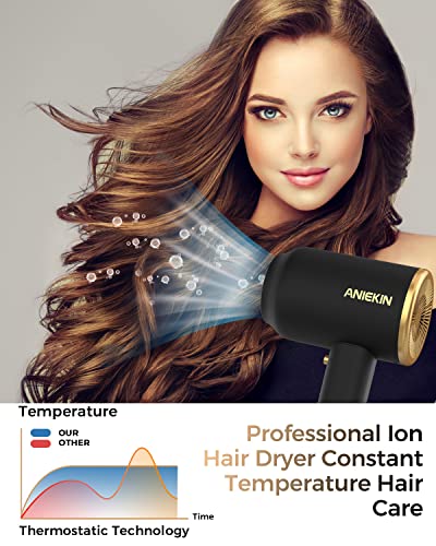 ANIEKIN Hair Blow Dryer 1875W with Diffuser, Travel Ionic Hair Dryer, Constant Temperature Hair Care Without Damaging Hair, Black