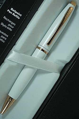A.T. Cross Pearlescent Lightening White Medalist and 23KT Rose Gold Appointments and Cross signature mid Band Calaise Ballpoint Pen and two Bonus refills A Gift Pen for Anyone and Any Occasion