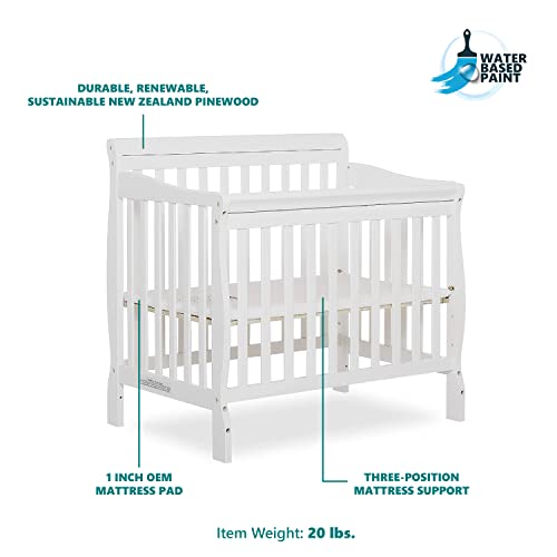 Dream On Me Aden 4-in-1 Convertible Mini Crib In White, Greenguard Gold Certified, Non-Toxic Finish, New Zealand Pinewood, With 3 Mattress Height Settings