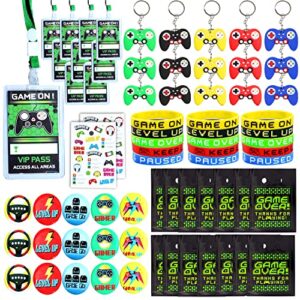 empire party supply 136 pcs video game party favors for kids, gaming party favors - 15 set of vip pass holder keychain wristband button pins treat bags tattoos, game on themed gamer boys birthday goodie bag fillers