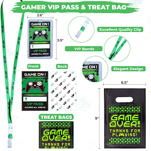 Empire Party Supply 136 Pcs Video Game Party Favors for Kids, Gaming Party Favors - 15 set of VIP Pass Holder Keychain Wristband Button Pins Treat Bags Tattoos, Game On Themed Gamer Boys Birthday Goodie Bag Fillers