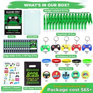Empire Party Supply 136 Pcs Video Game Party Favors for Kids, Gaming Party Favors - 15 set of VIP Pass Holder Keychain Wristband Button Pins Treat Bags Tattoos, Game On Themed Gamer Boys Birthday Goodie Bag Fillers