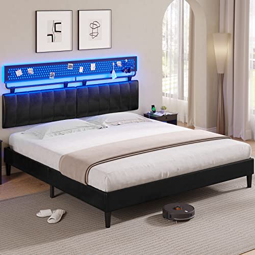 EPHEX King Platform Bed Frame with LED Lights, Faux Leather Upholstered Bed Frame with Wall Mount Headboard & Pegboard, Strong Wood Slat Support, No Box Spring Needed, Black