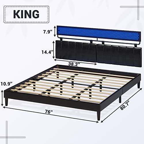 EPHEX King Platform Bed Frame with LED Lights, Faux Leather Upholstered Bed Frame with Wall Mount Headboard & Pegboard, Strong Wood Slat Support, No Box Spring Needed, Black