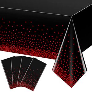 4 pack red and black dot plastic tablecloth, red stamping dot confetti rectangle plastic disposable table cover for birthday wedding baby shower engagement anniversary party decorations, 54 x 108 inch