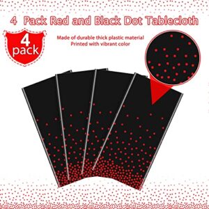 4 Pack Red and Black Dot Plastic Tablecloth, Red Stamping Dot Confetti Rectangle Plastic Disposable Table Cover for Birthday Wedding Baby Shower Engagement Anniversary Party Decorations, 54 x 108 Inch