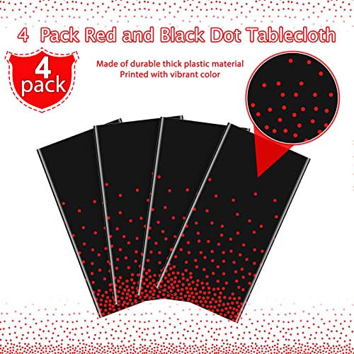 4 Pack Red and Black Dot Plastic Tablecloth, Red Stamping Dot Confetti Rectangle Plastic Disposable Table Cover for Birthday Wedding Baby Shower Engagement Anniversary Party Decorations, 54 x 108 Inch