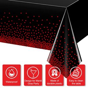 4 Pack Red and Black Dot Plastic Tablecloth, Red Stamping Dot Confetti Rectangle Plastic Disposable Table Cover for Birthday Wedding Baby Shower Engagement Anniversary Party Decorations, 54 x 108 Inch