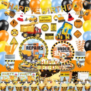 construction birthday party supplies, 207 pcs dump truck party decoration for boys kids birthday party - banner, cake and cupcake toppers, forks, knives, spoons, straws, plates, balloons, invitation cards, tablecloth, party signs, cups, napkins serves 16