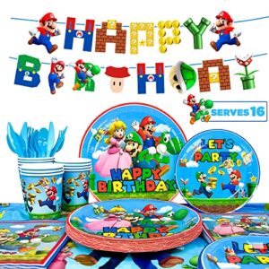 su-perr m-arioo birthday party supplies-128pcs su-perr m-arioo tableware party supplies include m-arioo party plates and napkins cups tablecloth for boys/girls m-arioo theme birthday party decorations