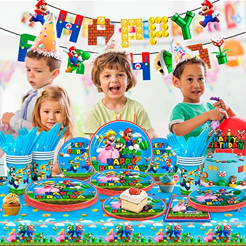 Su-perr M-arioo Birthday Party Supplies-128pcs Su-perr M-arioo Tableware Party Supplies Include M-arioo Party Plates and Napkins Cups Tablecloth for Boys/Girls M-arioo Theme Birthday Party Decorations