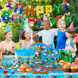 Su-perr M-arioo Birthday Party Supplies-128pcs Su-perr M-arioo Tableware Party Supplies Include M-arioo Party Plates and Napkins Cups Tablecloth for Boys/Girls M-arioo Theme Birthday Party Decorations