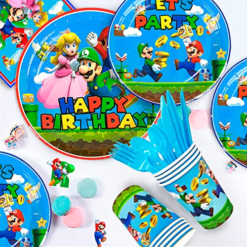 Su-perr M-arioo Birthday Party Supplies-128pcs Su-perr M-arioo Tableware Party Supplies Include M-arioo Party Plates and Napkins Cups Tablecloth for Boys/Girls M-arioo Theme Birthday Party Decorations