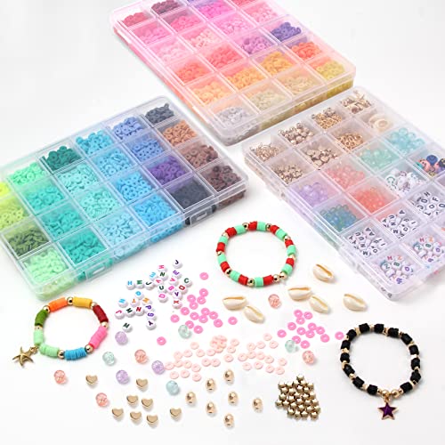 LXUEO Clay Beads 9800 Pcs Bracelet Making Kit, 48 Colors Polymer Clay Beads for Bracelets Jewelry Making Kit, with Spacer Heishi Beads Pendant Charms Kit Scissors and Elastic Strings,Gift for Girls