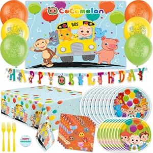 cocomelon party supplies | cocomelon birthday party supplies | with cocomelon backdrop | cocomelon party decorations for girls or boys | 1st or 2nd birthday theme | backdrop, balloons, tablecloth, plates, napkins, forks, sticker | serves 16 guests