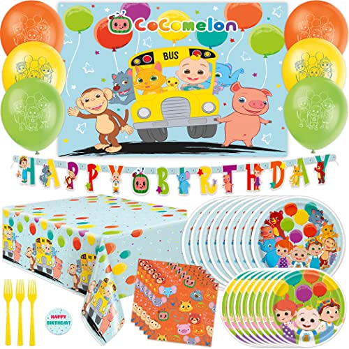 CoComelon Party Supplies | CoComelon Birthday Party Supplies | With CoComelon Backdrop | CoComelon Party Decorations for Girls or Boys | 1st or 2nd Birthday Theme | Backdrop, Balloons, Tablecloth, Plates, Napkins, Forks, Sticker | Serves 16 Guests