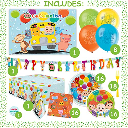 CoComelon Party Supplies | CoComelon Birthday Party Supplies | With CoComelon Backdrop | CoComelon Party Decorations for Girls or Boys | 1st or 2nd Birthday Theme | Backdrop, Balloons, Tablecloth, Plates, Napkins, Forks, Sticker | Serves 16 Guests