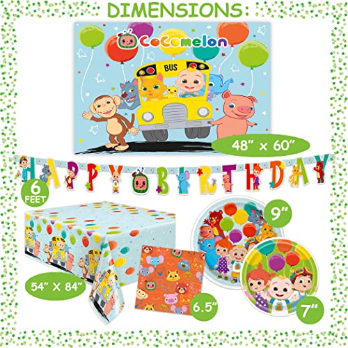 CoComelon Party Supplies | CoComelon Birthday Party Supplies | With CoComelon Backdrop | CoComelon Party Decorations for Girls or Boys | 1st or 2nd Birthday Theme | Backdrop, Balloons, Tablecloth, Plates, Napkins, Forks, Sticker | Serves 16 Guests