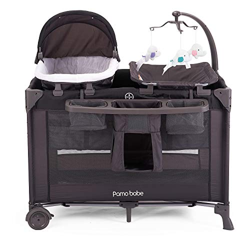 Pamo Babe 4 in 1 Portable Crib for Baby,Nursery Center with Removable Canopy, Changing Table, Lockable Wheels, Storage Bag