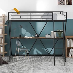 karhibly twin size loft bed with desk, heavy-duty loft bed x-shaped frame with ladder and full-length guardrails for teens & adults, no box spring needed, black