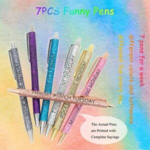MASEBOR 7pcs Funny Pens with Sayings Glitter Days of The Week Pens Daily Work Office Ballpoint Pen Set Describing Mentality for Adults Bling 7 Day Week Pen Funny Office Gifts