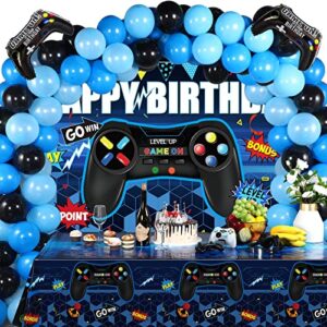 video game birthday party decorations set gaming happy birthday supplies includes video game backdrop, table covers, balloons and foil gamer balloons for birthday party (blue and black)