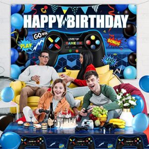 Video Game Birthday Party Decorations Set Gaming Happy Birthday Supplies Includes Video Game Backdrop, Table Covers, Balloons and Foil Gamer Balloons for Birthday Party (Blue and Black)