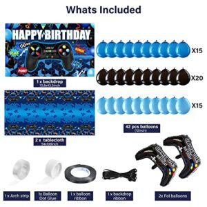 Video Game Birthday Party Decorations Set Gaming Happy Birthday Supplies Includes Video Game Backdrop, Table Covers, Balloons and Foil Gamer Balloons for Birthday Party (Blue and Black)