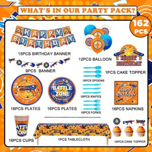 Dart War Party Supplies,162pcs Dart War Birthday Decorations Tableware Set - Dart War Party Plates Cups Napkins Tablecloth&Dart War Balloons Banner Cake Topper etc Gun Party Supplies for Boys Birthday