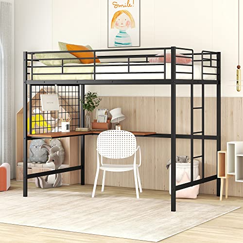 Ochangqi Metal Full Size Loft Bed with Desk and Metal Grid, Loft Bed Frame with Ladder and Full-Length Guardrail for Kids Boys Girls Teens, Noise Free (Black)