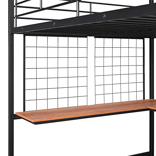 Ochangqi Metal Full Size Loft Bed with Desk and Metal Grid, Loft Bed Frame with Ladder and Full-Length Guardrail for Kids Boys Girls Teens, Noise Free (Black)