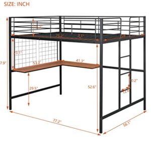 Ochangqi Metal Full Size Loft Bed with Desk and Metal Grid, Loft Bed Frame with Ladder and Full-Length Guardrail for Kids Boys Girls Teens, Noise Free (Black)