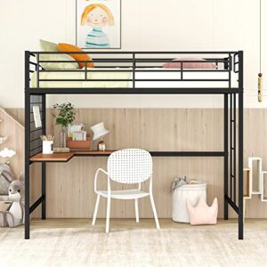 Ochangqi Metal Full Size Loft Bed with Desk and Metal Grid, Loft Bed Frame with Ladder and Full-Length Guardrail for Kids Boys Girls Teens, Noise Free (Black)