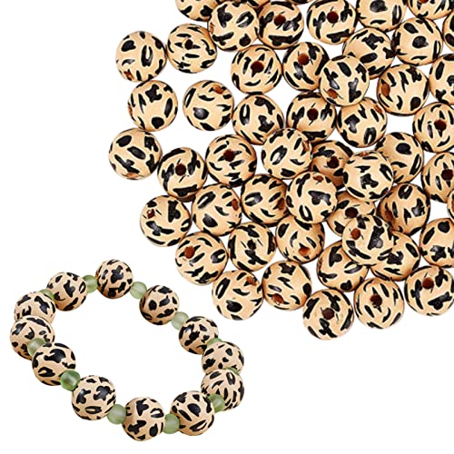 CHGCRAFT 300pcs Printed Wood Beads Dyed Charm Round Shaped Beads with Black Leopard Print Pattern Small Hole Spacer Beads Loose Wood Beads for Bracelet Necklace Earrings Keychain 12x14x13mm