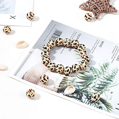 CHGCRAFT 300pcs Printed Wood Beads Dyed Charm Round Shaped Beads with Black Leopard Print Pattern Small Hole Spacer Beads Loose Wood Beads for Bracelet Necklace Earrings Keychain 12x14x13mm