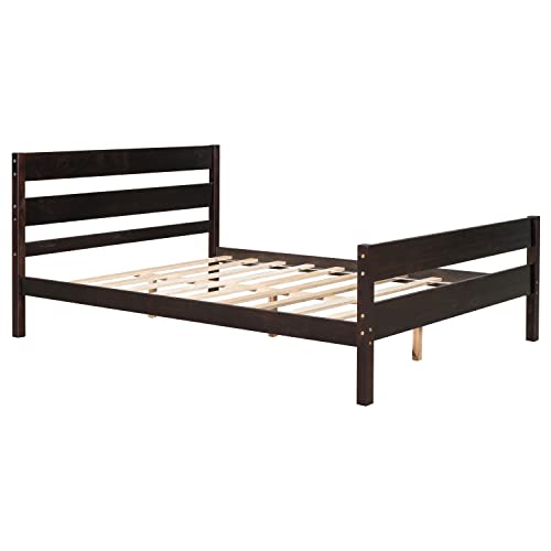 Ochangqi Full Size Wood Bed Frame with Headboard and Footboard, Pine Platform Beds for Bedroom, Guest Room w/Wooden Slatted Support, No Box Spring Needed (Espresso)