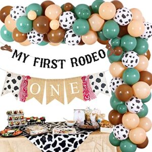 sage green cowboy 1st birthday decorations, western cowboy balloon arch garland kit for boys, my first rodeo birthday banner, cow one high chair banner, western theme birthday party supplies