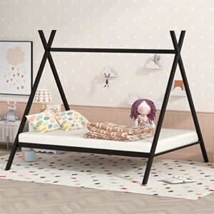 full size house bed frame, metal tent bed play house bed with 20 steel slat & floor space, montessori low platform floor bed for girls boys, no box spring needed, can be decorated, black