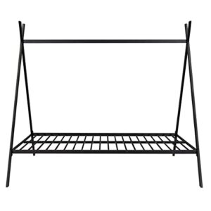 Full Size House Bed Frame, Metal Tent Bed Play House Bed with 20 Steel Slat & Floor Space, Montessori Low Platform Floor Bed for Girls Boys, No Box Spring Needed, Can be Decorated, Black