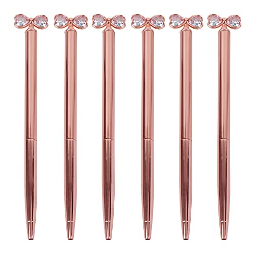 Hyuyikuwol Crystal Diamond Ballpoint Pens Bow Tie Rhinestone Black Ink Metal Sign Pen for School Office Supplies-6PCS, Electroplated Rose Gold